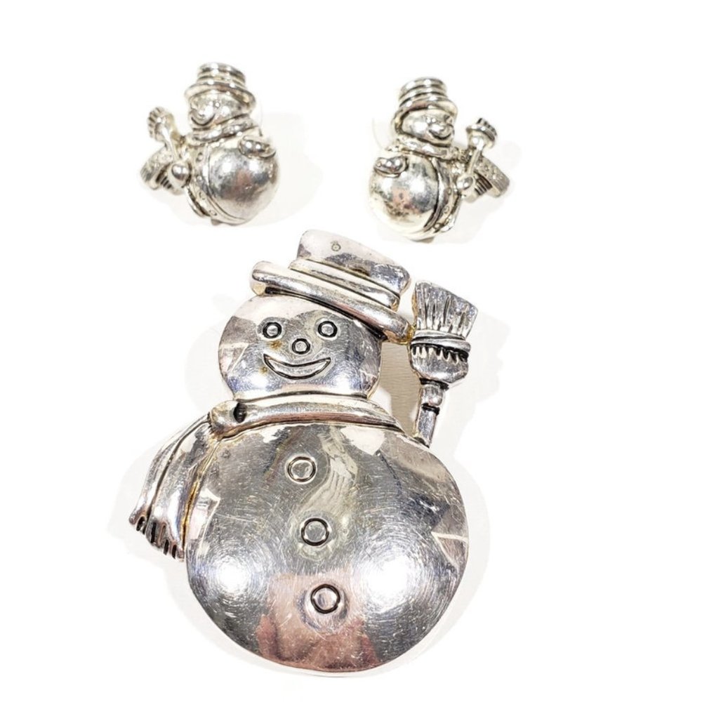 Vtg MJ Silver Tone Snowman Pendant Post Earrings